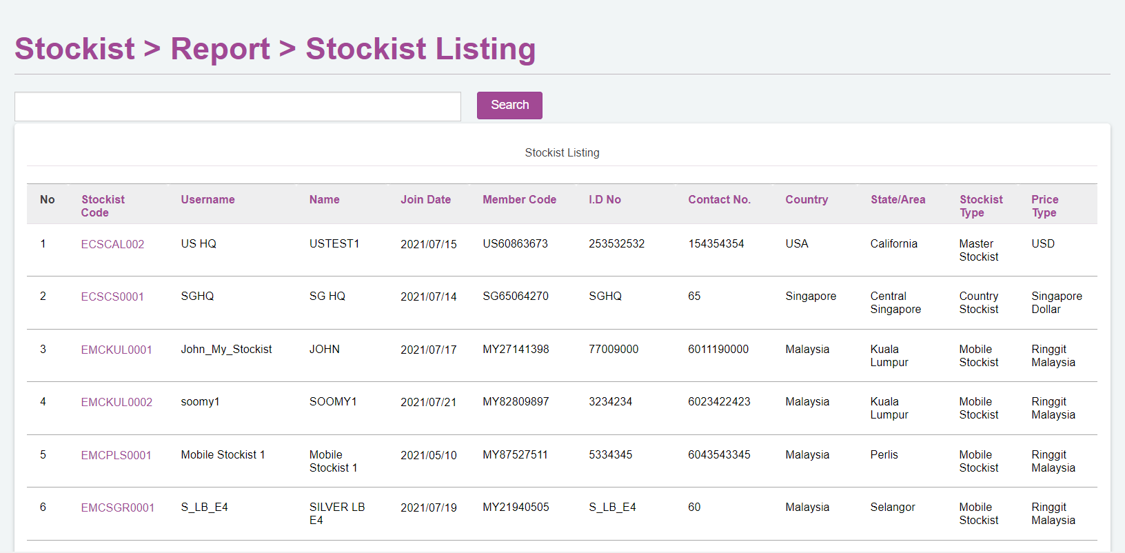 MLM Sistem Software - Stockist Module - Stockist List